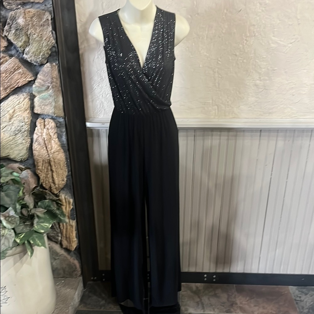Tahari Black Wide-Leg Jumpsuit with Deep V-Neck